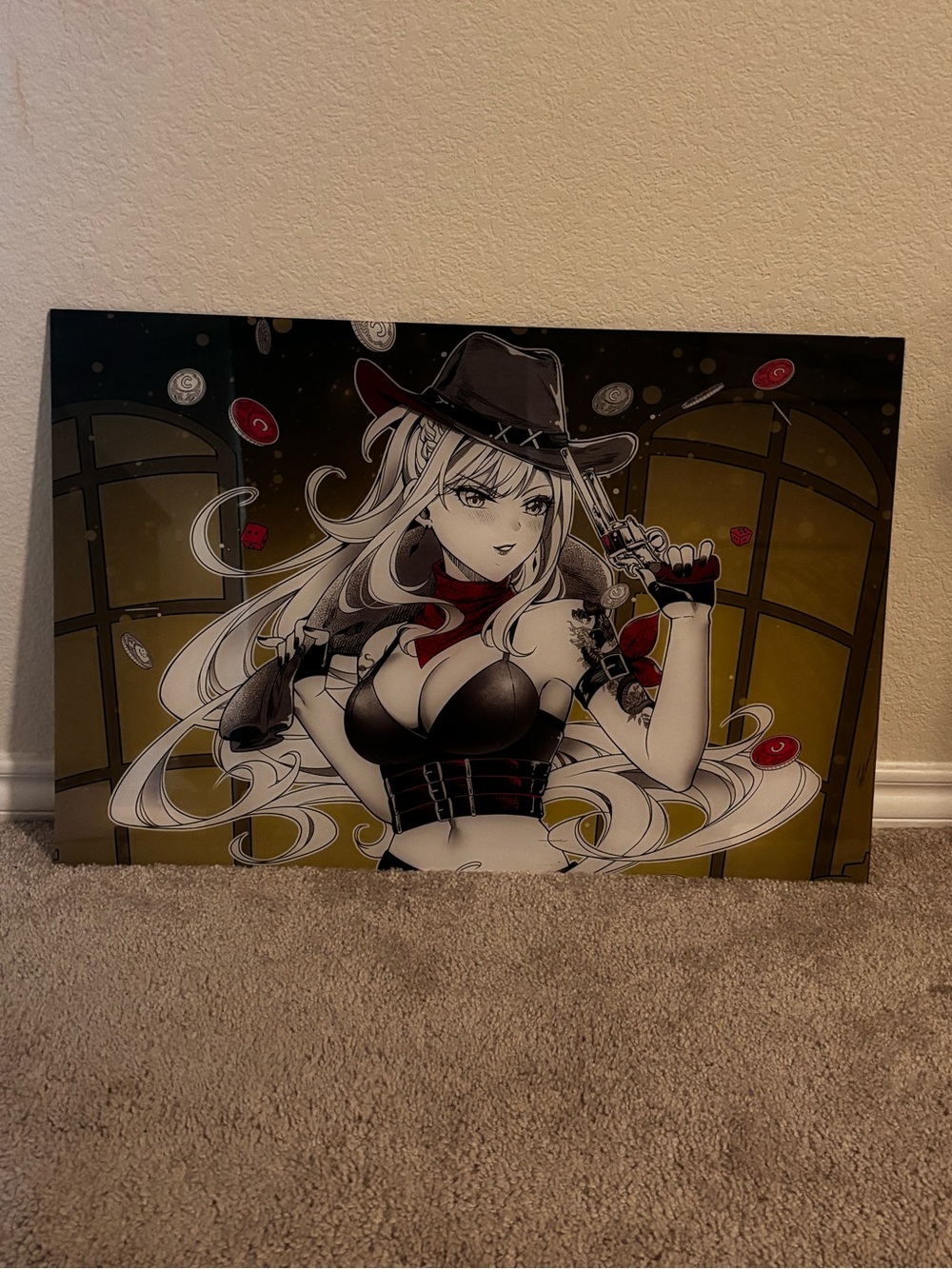 Anime Cowboy Girl Wall Art Print in Black & White with Red Accents